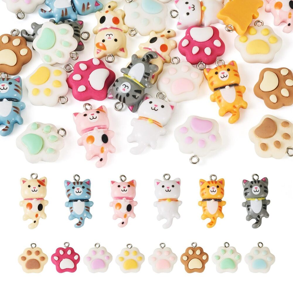 7971 28Pcs Resin Cat Charms Pendants 14 Styles Cute 3D Kitten Cat Paw